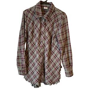 Cabi Highland Flannel Raw Hem Fringe Shirt Womens M Gray Purple Plaid Stretch